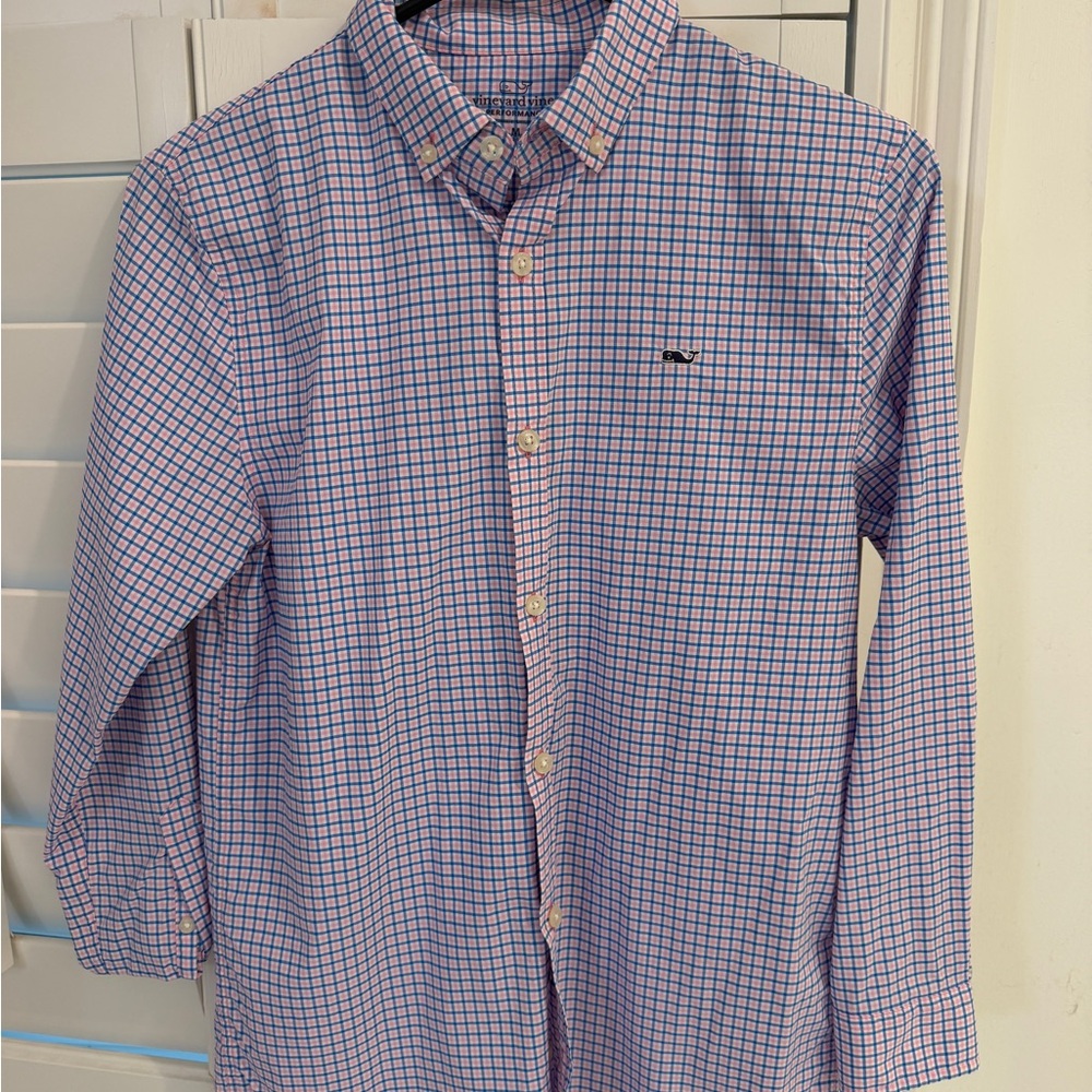 Vineyard Vines Blue & Pink Windowpane Button-Down Shirt performance fabric, boys